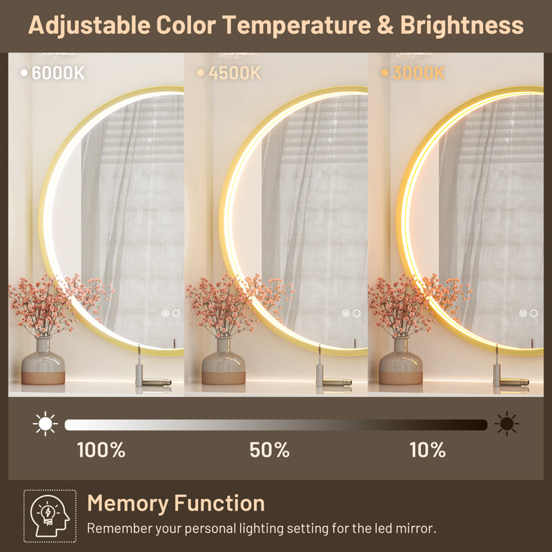Fantina Round 3 Color Adjustable LED Metal Framed Wall Mirror with Anti-fog, 24" x 24", Gold