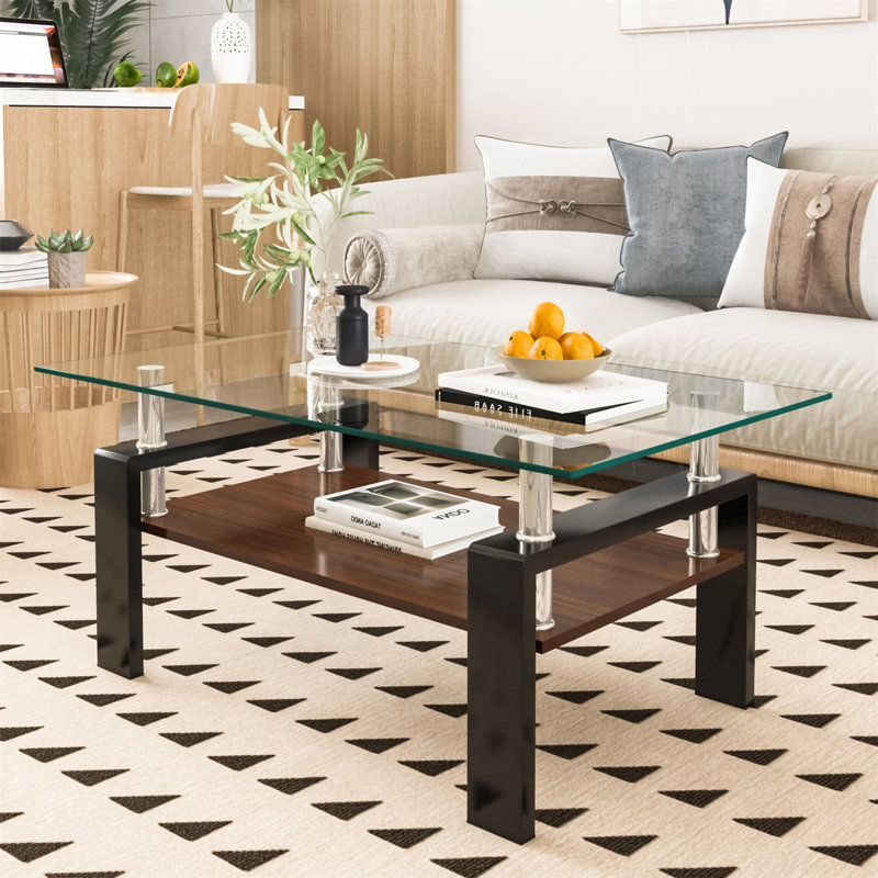 Table basse rectangulaire, plateau en verre trempé avec panneau de fibres à densité moyenne, table moderne pour le salon, verre transparent