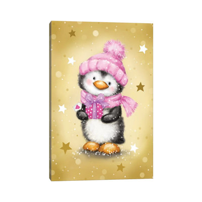 Penguin with Pink Package 1 Piece Wrapped Canvas Painting