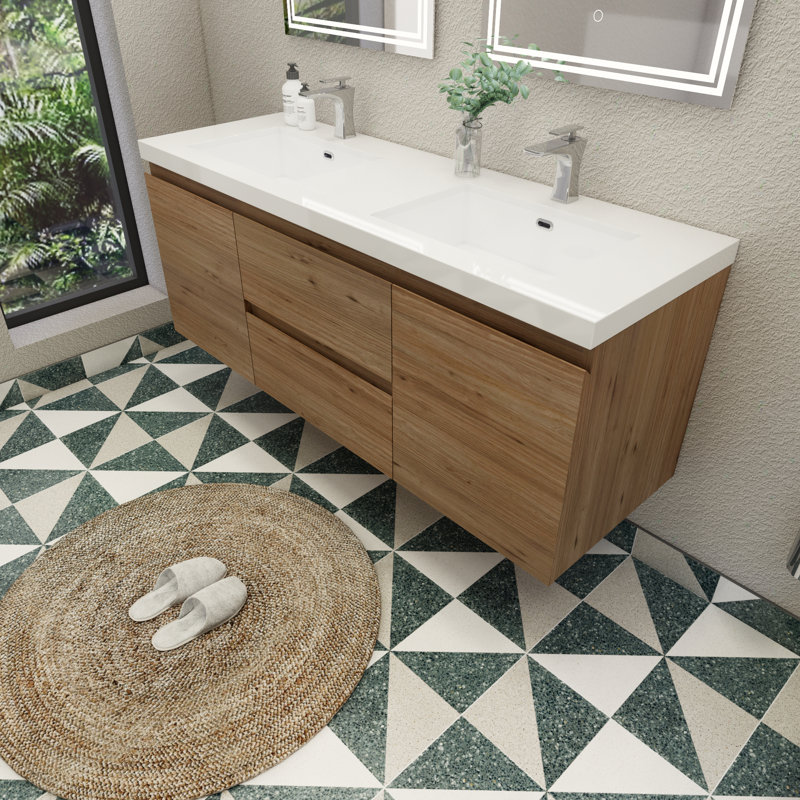 59'' Single Bathroom Vanity with Acrylic Top, Natural Oak