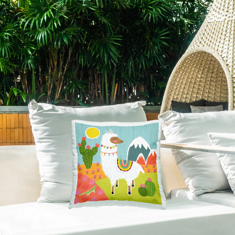 Whimsical Llama Scene Printed Outdoor Throw Pillow Design by Tina Finn