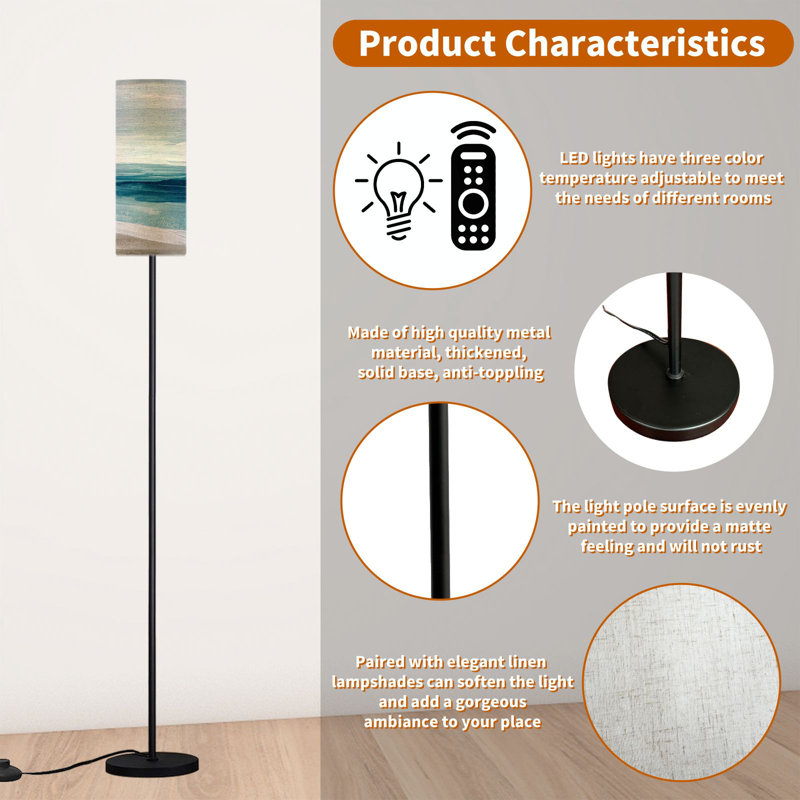 PeeNoke 68.5" Standing Floor Lamp Modern Abstract Art Beach Sea waves Dimmable Metal Pole Lamp with Linen Lampshade LED Bulb Included