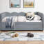 Lit de jour en vichy double avec couchette simple, canapé-lit en tissu de lin avec port USB et conception à vagues, aucun sommier nécessaire-292691022