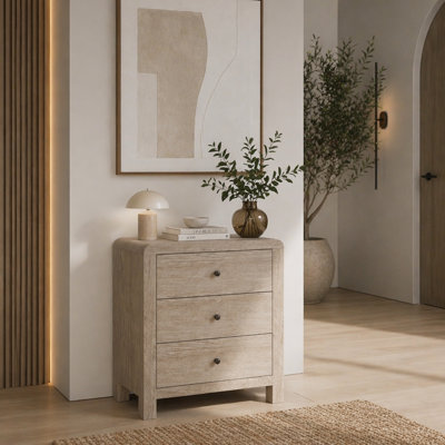 23.6” Width Natural Wood 3 Drawer Chest of Drawers - Modern Rounded Corner Design