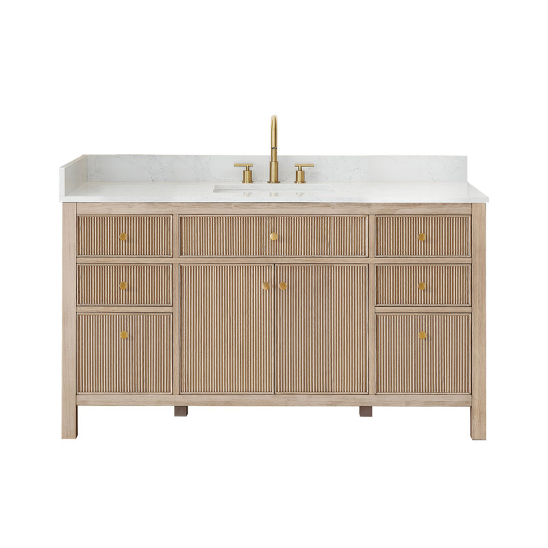 Lala 60" Single Bathroom Vanity with Grain White Engineered Stone Countertop without Mirror, Nature Oak