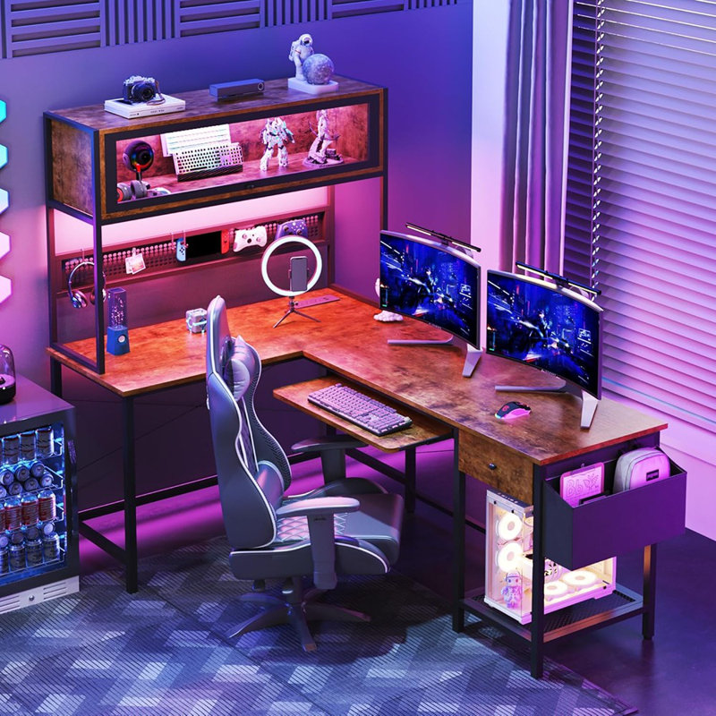 Bureau d'ordinateur de coin réversible avec huche, panneau perforé, vitrine, tiroir, plateau à clavier et sac de rangement