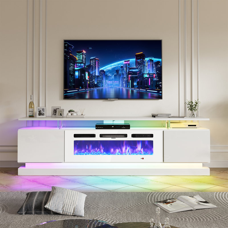 Meuble télé avec foyer électrique Jacob, Blanc, H 24,2 po x L 70 po x l 13,8 po