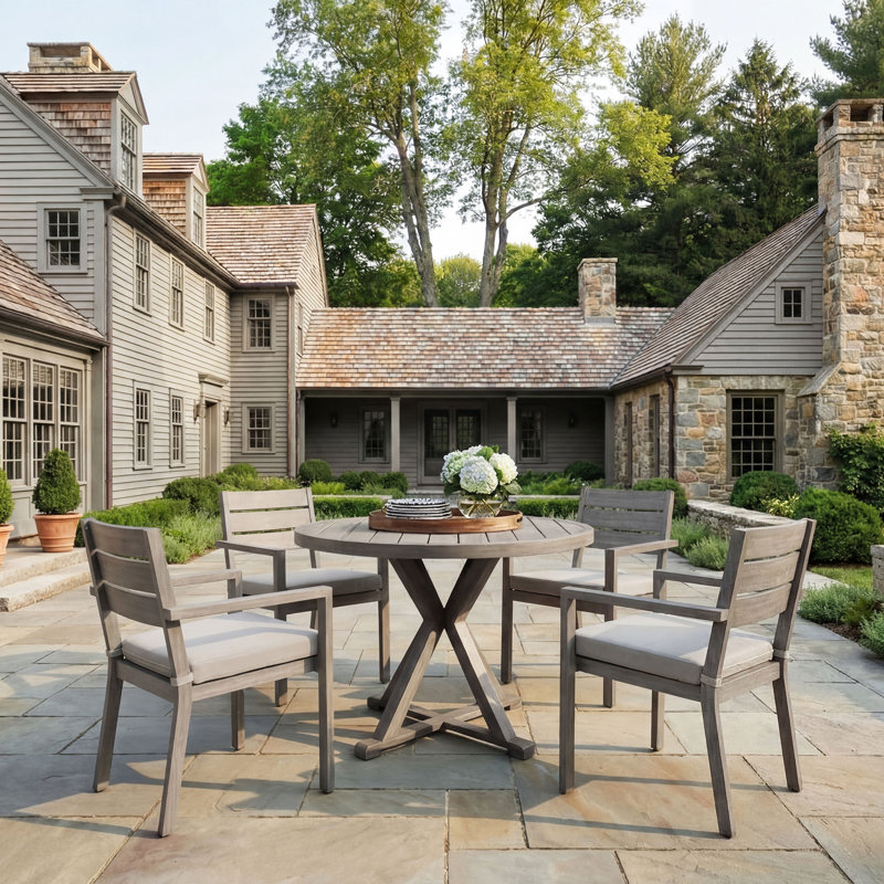 Martha Stewart Bedford All-Weather Patio Set With 36" Round Trestle Base Table And 4 Stack Armchairs, Gray, Gray
