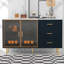 Buffet de style moderne avec buffet et portes en verre trempé jaune ambre avec pieds et poignées en métal doré-206941275