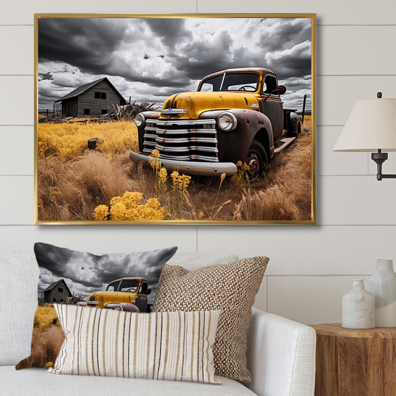Yellow Pickup Truck Rustic Rides I - Transportation Wall Decor, Cadre flottant doré, 34" H x 44" W