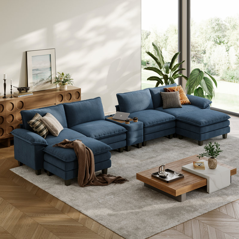 Canapé modulaire en coin avec console de rangement et 2 repose-pieds Colbey, Velours côtelé bleu
