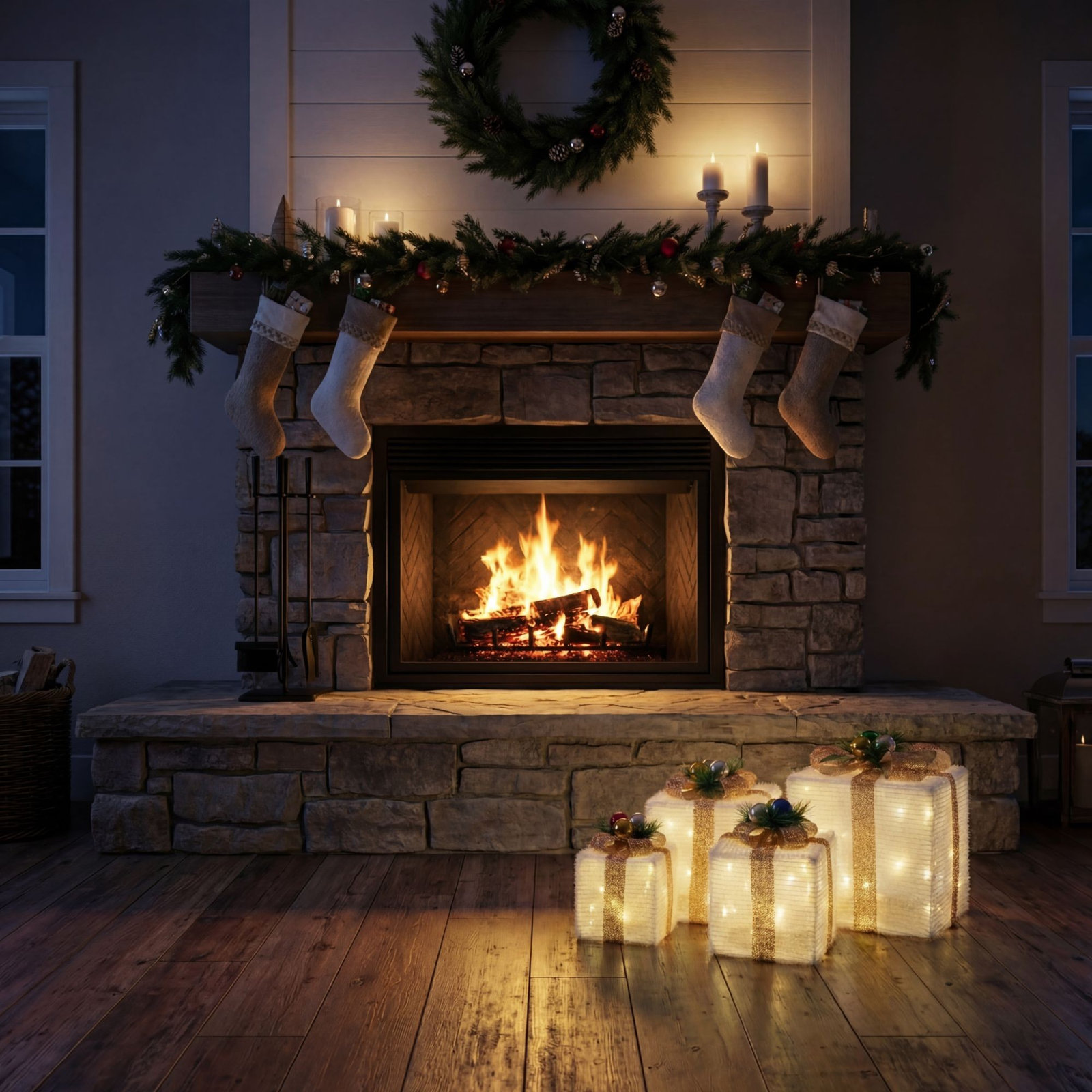Pre-Lit Christmas Gift Boxes with LED Lights and Festive Gift Toppers - Set of 4, White