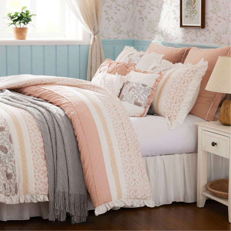 Ensemble d'édredon 9 pièces en percale de coton Blush Queen, Floral rosé, Grand édredon et 8 pièces supplémentaires