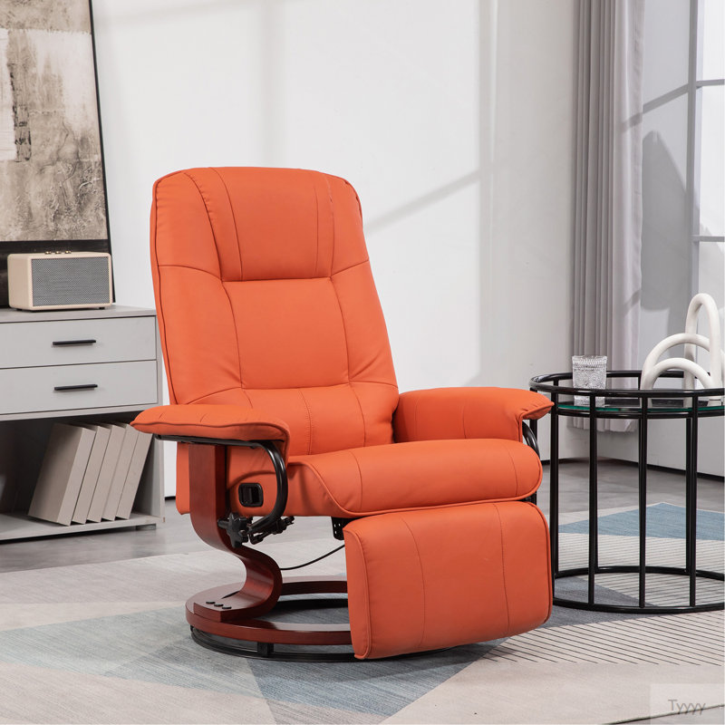 Faux Leather Manual Recliner, Adjustable Swivel Lounge Chair With Footrest, Armrest And Wrapped Wood Base For Living Room, Orange