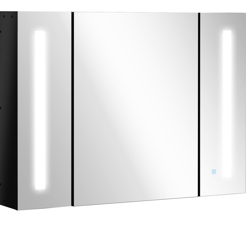 Armoire de rangement lumineuse pour salle de bain à DEL - 35,5 po x 25,5 po, fixation murale, miroir, 3 armoires, charge, fixation noire avec charnières coussinées l 35,5 po x H 25,5 po