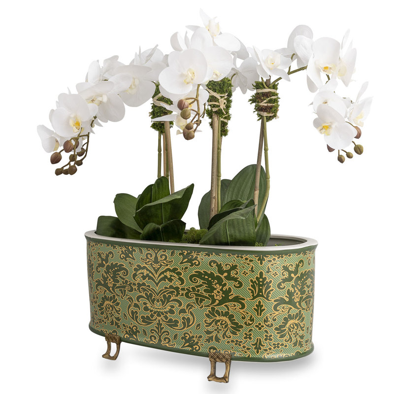Richmond Damask Oval Planter, 8.5" H x 18" W x 8" D, Green