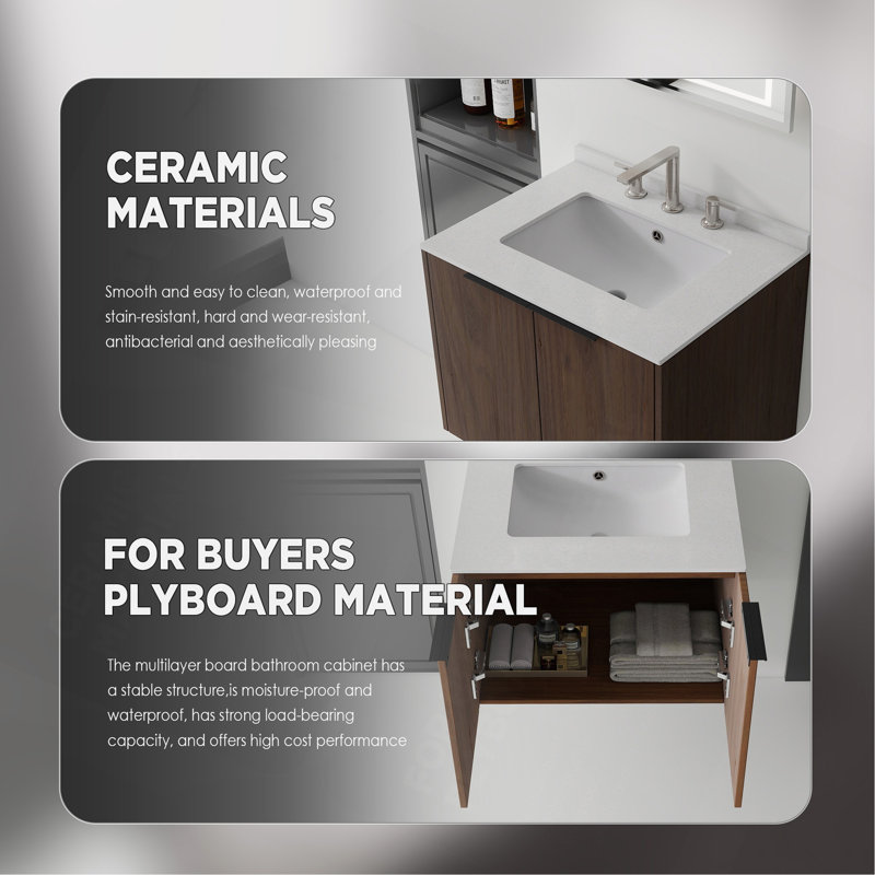 Meuble-lavabo flottant 24 po avec lavabo, porte à fermeture douce, comptoir et dosseret en granite blanc cultivé de 0,6 po