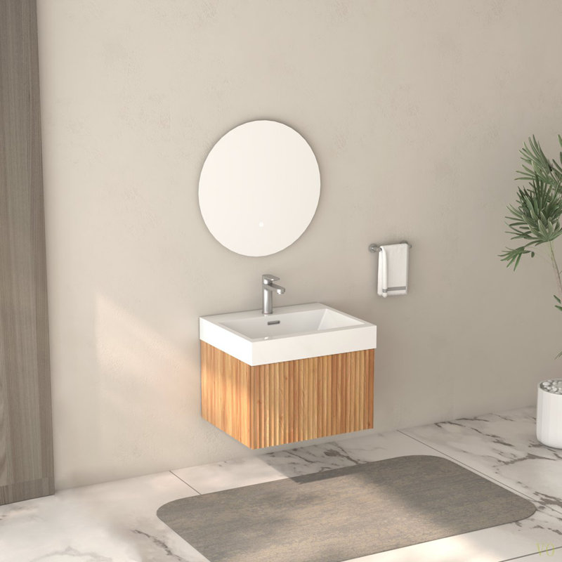 Meuble-lavabo mural de 24 po avec lavabo, armoire de salle de bain flottante murale avec finition en contreplaqué de bassin intégré, design minimaliste moderne pour les salles de bain compactes