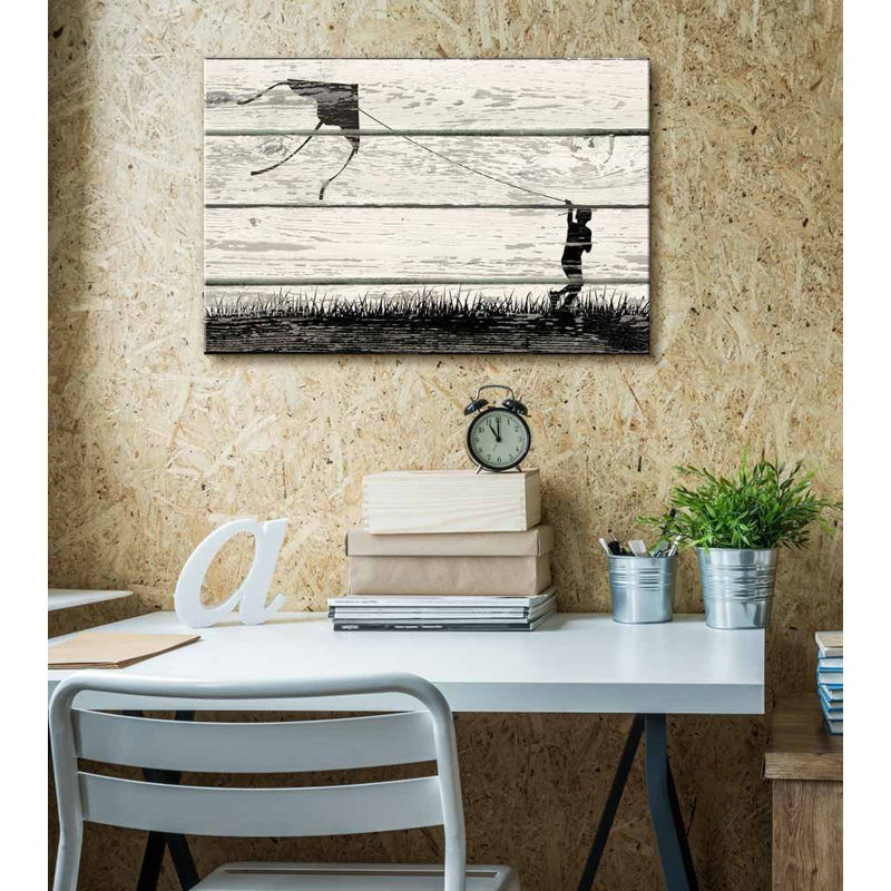 "Garçon volant un cerf-volant à Silhouett Artworke Rustic Home Art", H 32 po x l 48 po