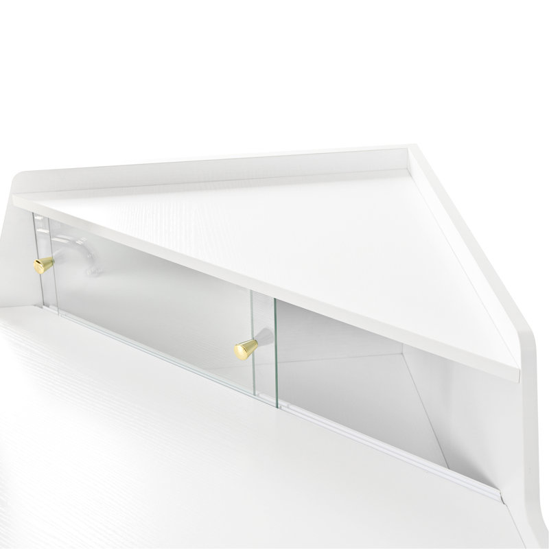 Meuble-lavabo de coin moderne blanc avec miroir tridimensionnel et pliable, rotation à 360 °, éclairage à 3 couleurs à DEL et tabouret confortable pour coiffeuse, modes de luminosité réglables, grand tiroir de rangement pour cosmétiques