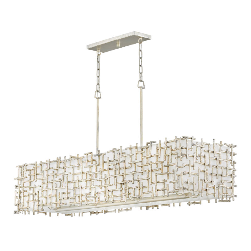 Farrah 8-Light White Linen Linen Chandelier w/ Hammered Crosshatch Bars, Silver