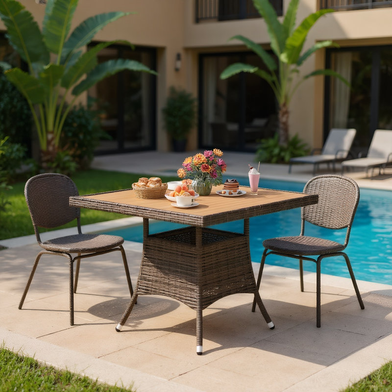 1-Piece All-Weather Brown Square Rattan Patio Dining Table with Acacia Wood