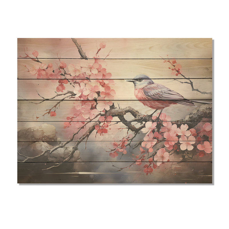Oiseaux roses et bleus sur un cerisier en fleurs III - Oiseau sur bois, H 30 po x l 40 po x P 0,78 po