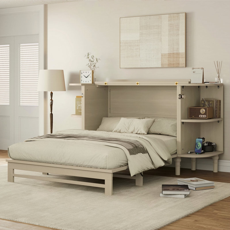 Armoire-lit style rustique en pin massif de style campagnard avec station de charge et 2 tablettes ouvertes pour le bureau à domicile ou une petite pièce