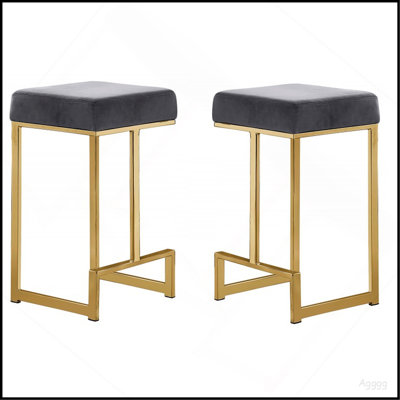 Tabouret à hauteur de comptoir en velours gris de 25 po de hauteur avec base dorée (ensemble de 2)
