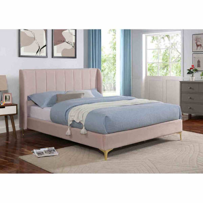 Tête de lit contemporaine à oreilles de lit pleine grandeur rose clair avec pieds en métal doré