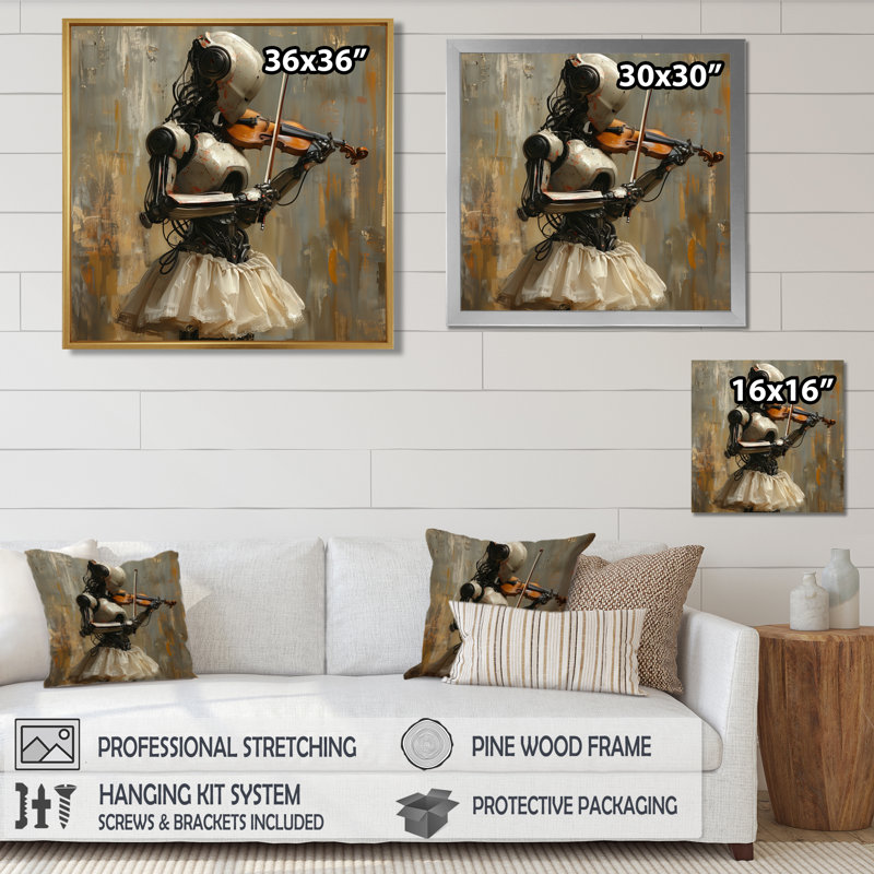Rétro robot jouant du violon - Robots, art mural, salon, Toile avec cadre flottant noir, H 36 po x l 36 po x P 1,5 po