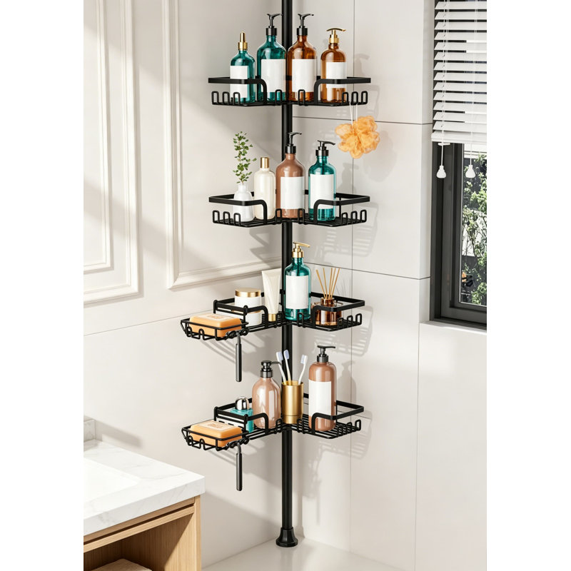 Porte-savon 2 en 1 x2 et 32 crochets avec support de douche, organisateur de coin de douche réglable en acier inoxydable pour salle de bain, 25 à 114,2 pouces, noir
