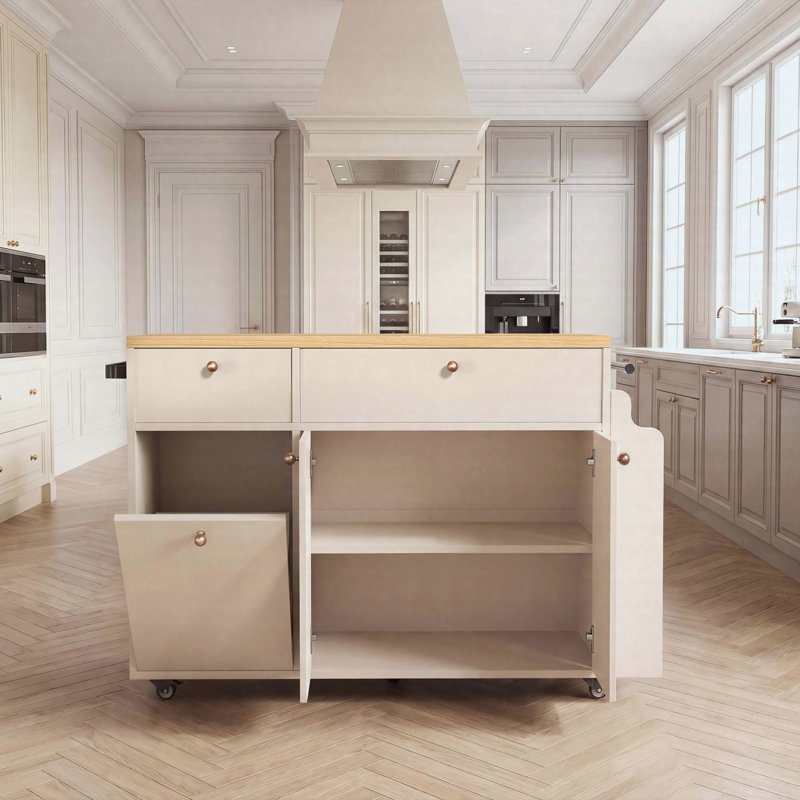 Kitchen Island with Storage Rolling Kitchen Island Cart with Drop Leaf Extension, Natural wood Top, Drawers, Spice Rack, Towel Bar, Mobile Kitchen Cart for Kitchen & Dining Room, White