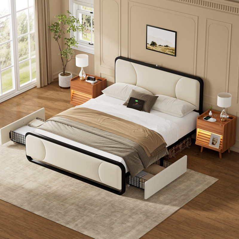 Ensemble de chambre à coucher 3 pièces, lit tapissier avec 2 tiroirs et 2 tables de chevet, Beige / caramel, Grand