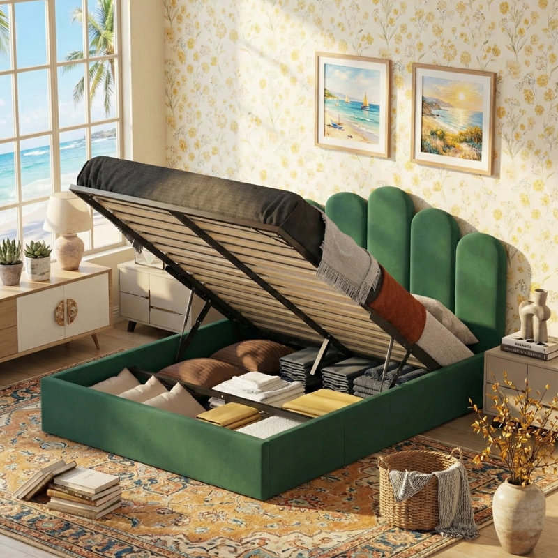 Lit plateforme tapissier Petal Palm, Grand lit, Vert