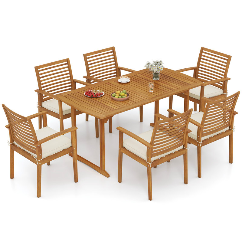 7-Piece Patio Dining Set Outdoor Acacia Wood Table & 6 Armchairs w/Umbrella Hole