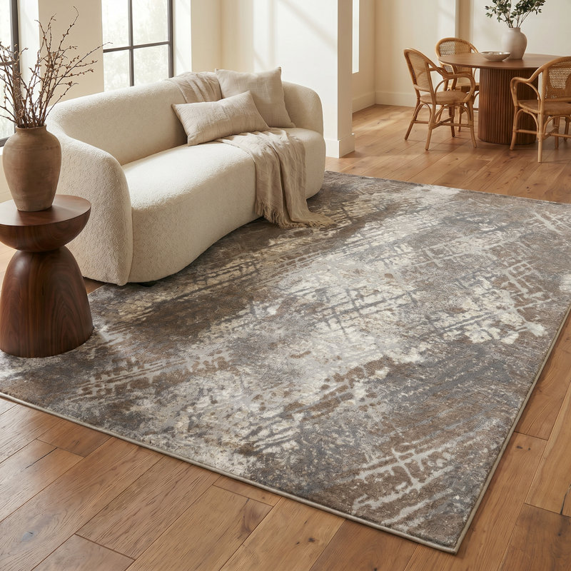 Tapis à motif abstrait brun / gris 7 pi x 10 pi (6 pi 7 po x 9 pi 6 po) Branch Branch Arden, tapis contemporain, à poils courts et résistant aux taches