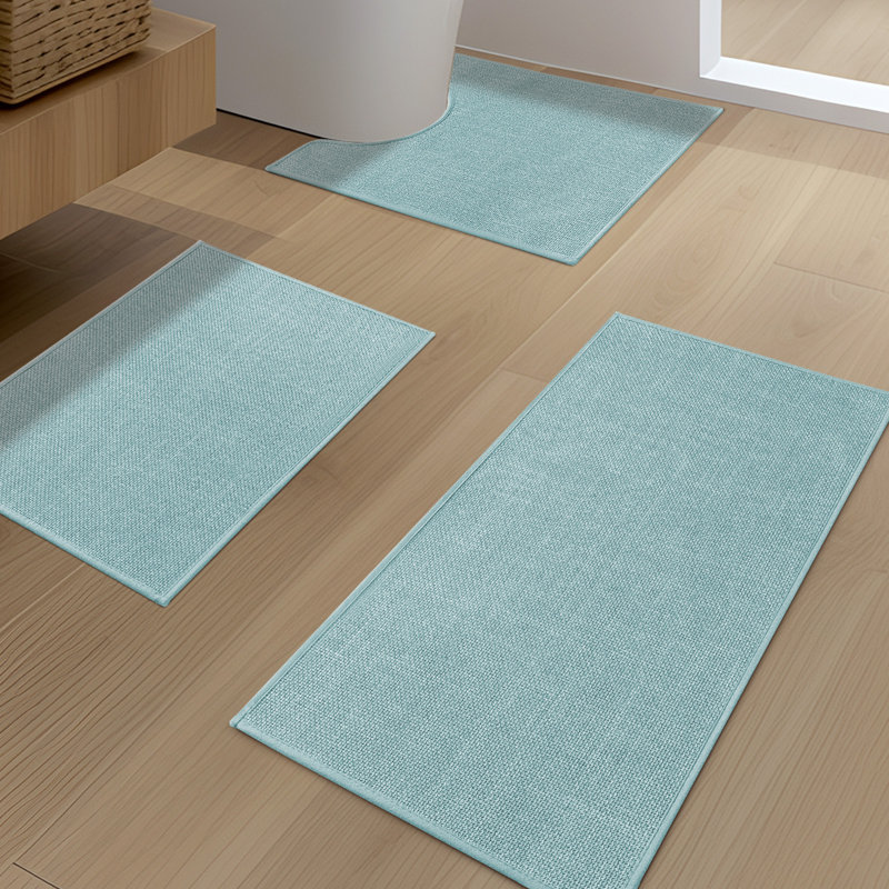 3 Piece Linen-Look Bath Rug Set with Non-Slip Backing, Blue