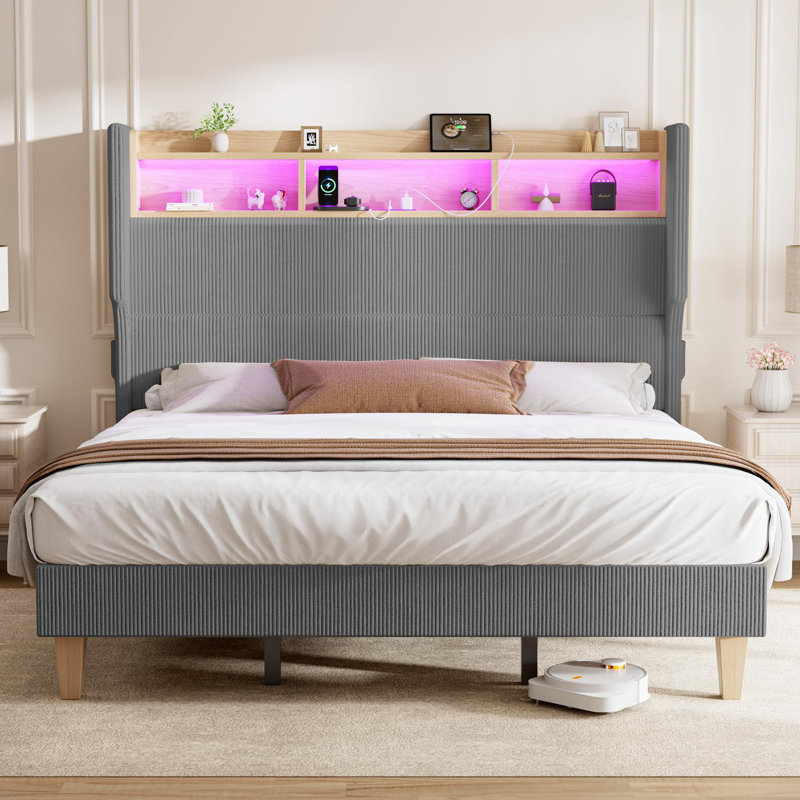 Structure de lit très grand avec tête de lit à oreilles en velours côtelé de 51 po de hauteur et tablette de rangement, lit plateforme tapissier avec lumières DEL et station de charge, aucun sommier nécessaire, assemblage facile, gris