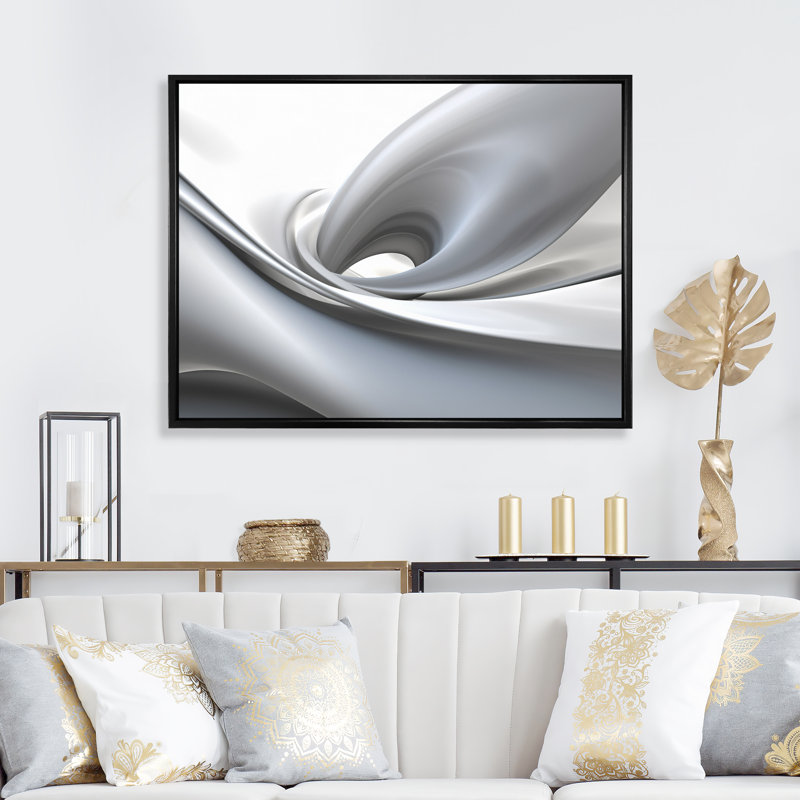 «White Grey Contemplative Abstraction - Abstract Modern Waves», art encadré, H 30 po x l 40 po x P 1,5 po