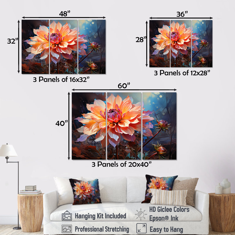Corail moderne et bleu Dahlia Dreams II - ensemble d'art mural Dahlia, H 32 po x l 48 po x P 1 po