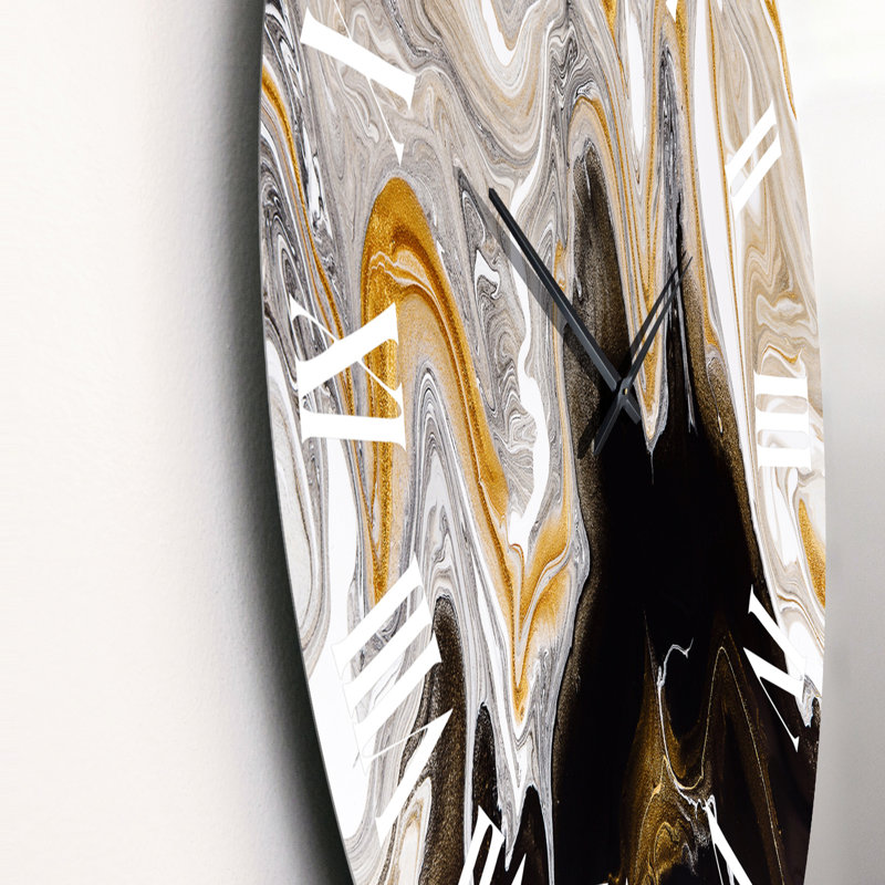Horloge murale moderne noir et blanc avec vagues de marbre liquide I, Surdimensionné