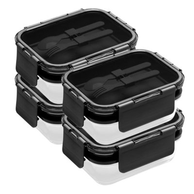 Prep & Savour Borosilicate Glass Double Layer Lunch Box With Utensils, 1740 ml, 4-Pack