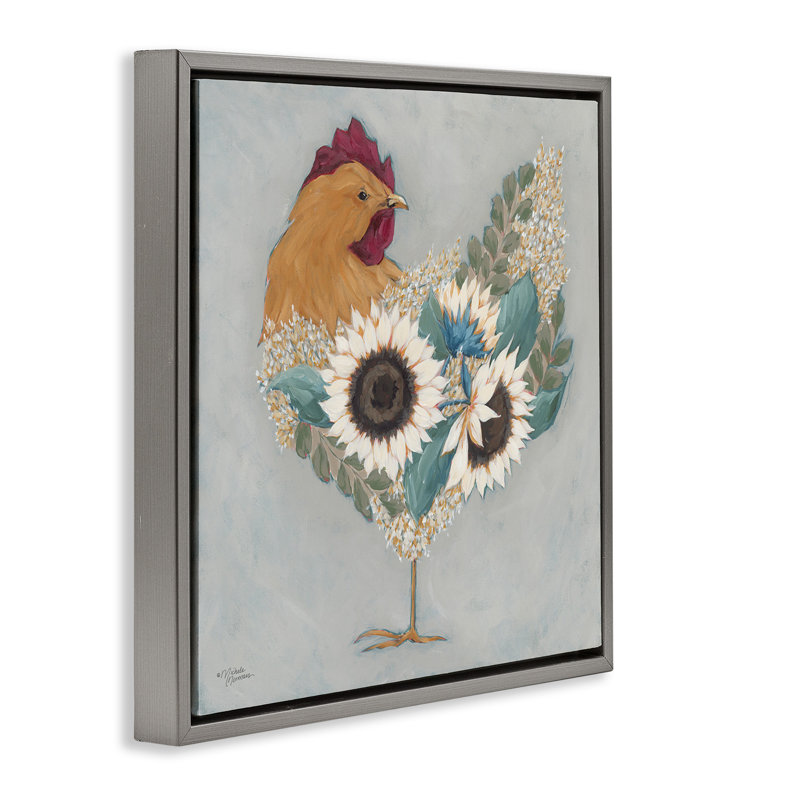 Coq avec des fleurs florales superposées, Cadre flottant gris lustré, H 25 po x l 25 po