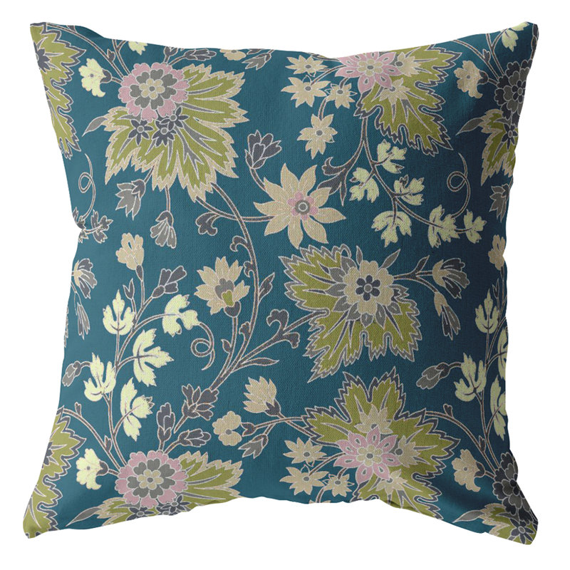 Coussin à fermeture à glissière pour l'intérieur avec fleurs amical vert, 16" x 16", Vert
