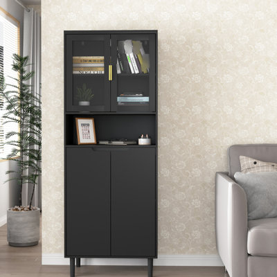 Bibliothèque haute avec porte en verre trempé - 4 portes, noire, réglable pour salon et chambre, armoire de rangement noire.