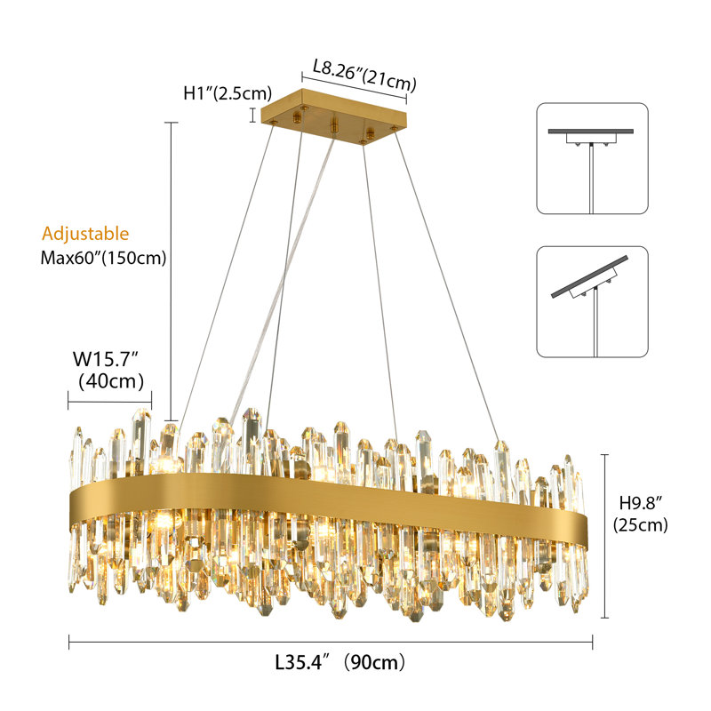 Lustre rectangulaire moderne en cristal 35 po / 52 po pour salle à manger, 16 lumières, H 98 po x l 35,43 po x P 15,75 po