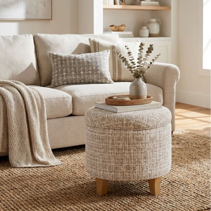 Round Button-Tufted Storage Ottoman, Cream Woven Polyester Blend