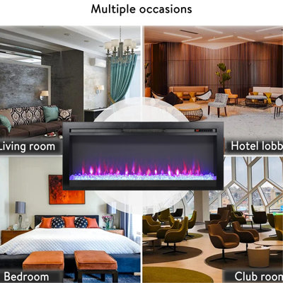 Foyer électrique encastré de 44 po avec télécommande, flamme multicolore et chauffage à DEL, chaleur de 1400 W, 5000 / H, 11 réglages de température, 8 couleurs, 3 réglages de luminosité, couleurs pour transformer votre espace