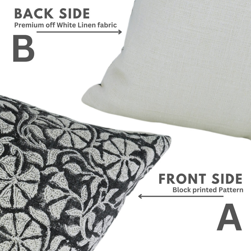Coussin décoratif Fabividine Boho, lombaire floral, coton blanc cassé (Rudraksh, noir), H 20 po x l 12 po